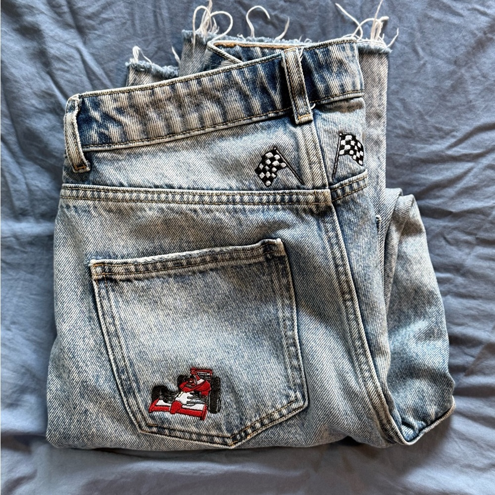 Zara Custom Car Racing Embroidered Mom Jeans